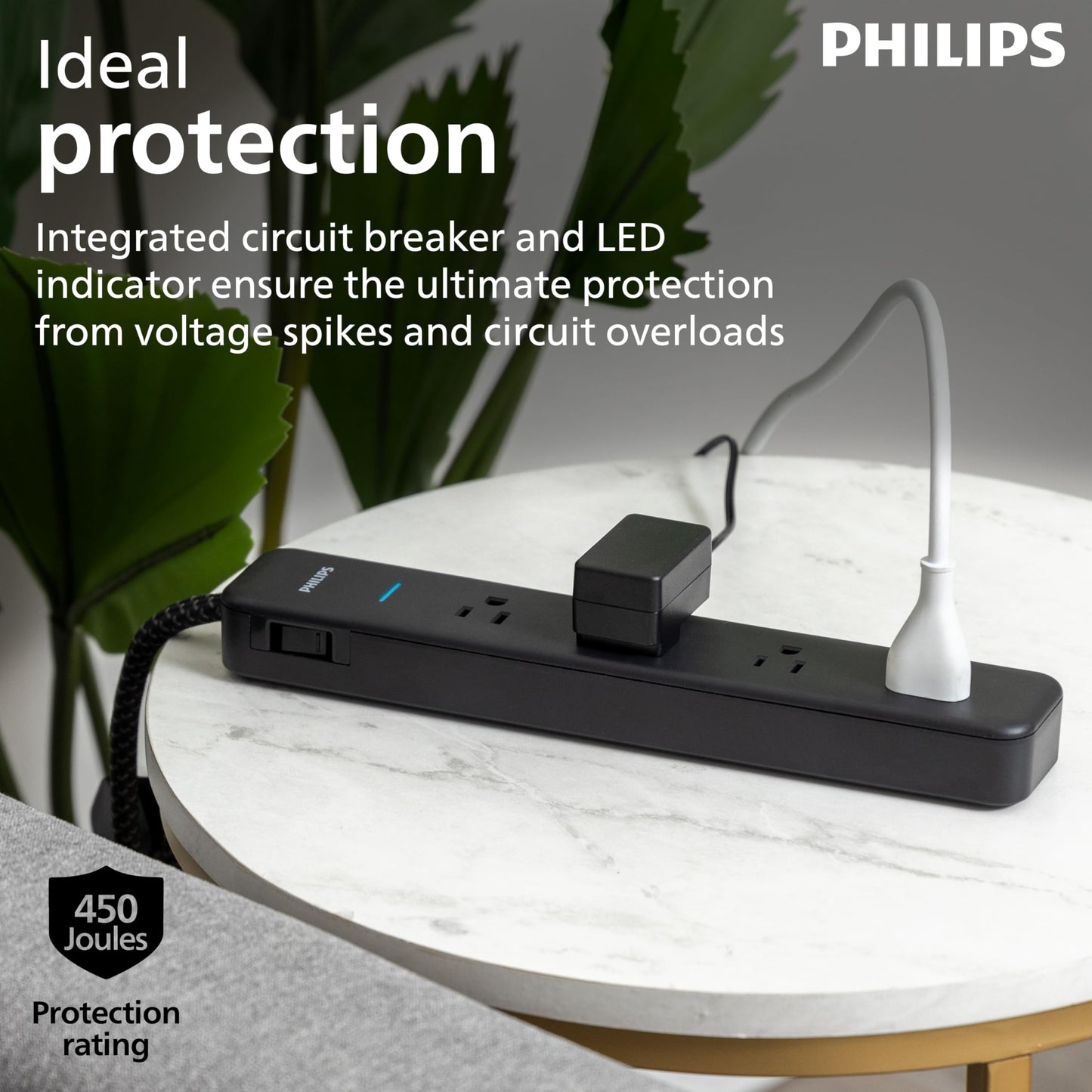 PHILIPS 4-Outlet Surge Protector Power Strip, 450J, Adapter-Spaced, 4ft Braided Cord, Outlet Extender, Extension Cord, for Home School or Office