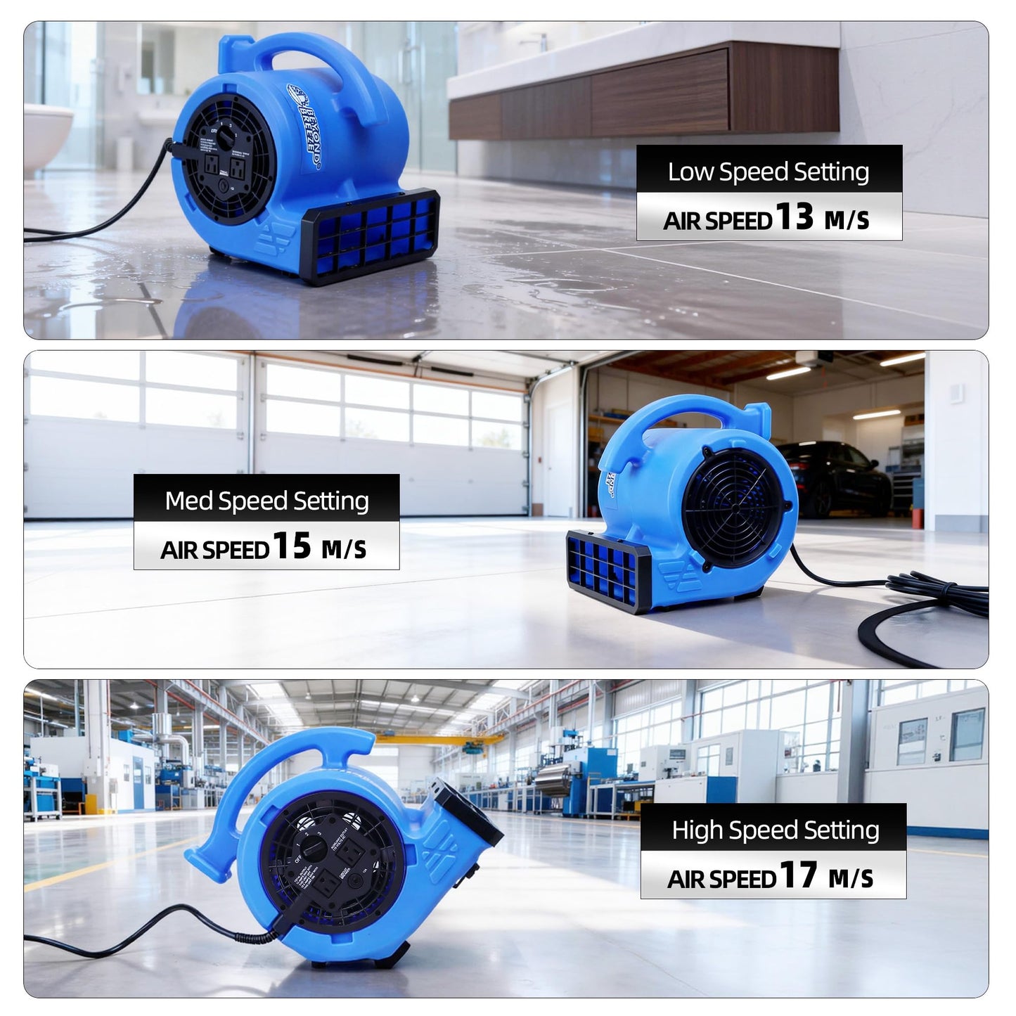 BEYOND BREEZE 1/4 HP 1000 CFM Air Mover Blower Fan with 3 Speeds, Blue