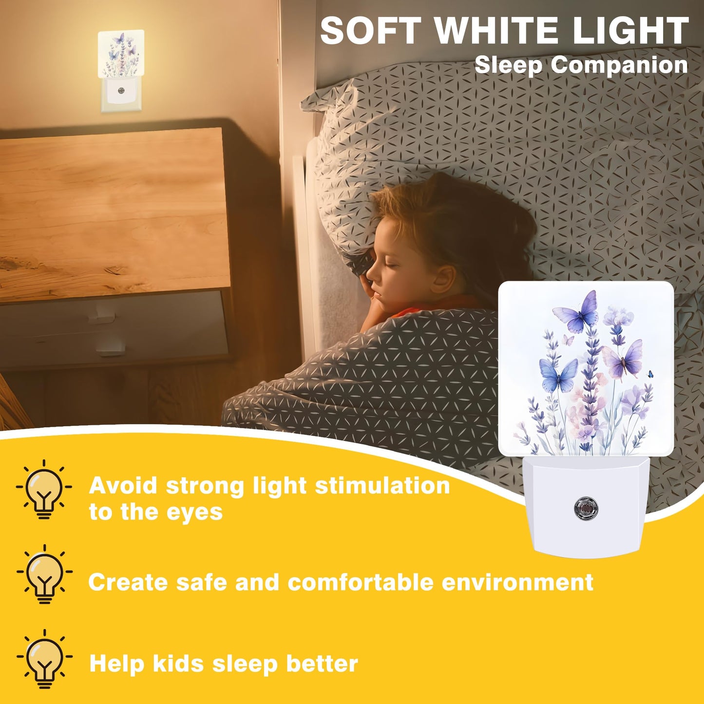 FOISIIAEA Night Light Watercolor Lavender Flower with Butterfly Night Lights Plug into Wall Smart Dusk to Dawn Sensor 0.5W Energy Efficient Led Lamp
