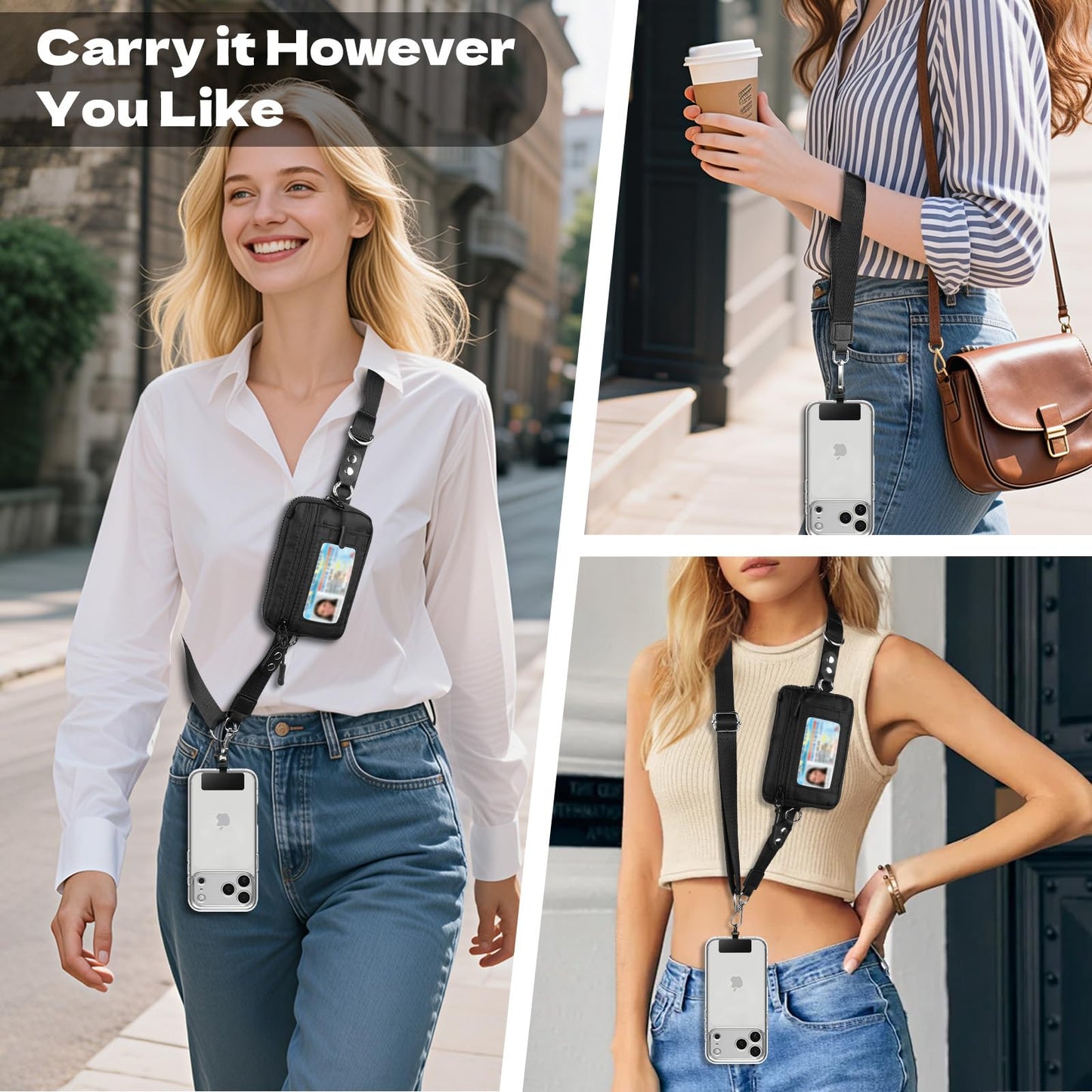 TiMOVO Clip and Go Phone Strap Crossbody with Detachable Wallet, RFID Blocking, Adjustable Anti-Theft Phone Lanyard, Black