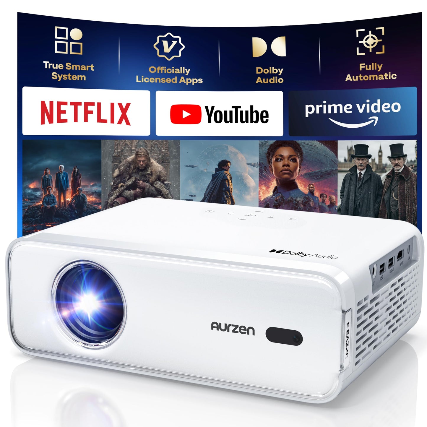 Aurzen EAZZE D1 Smart Projector with WiFi and Bluetooth, Officially-Licensed APP, Auto Focus/Keystone, DoIby Audio 16W Speakers, Native 1080P, HDR10