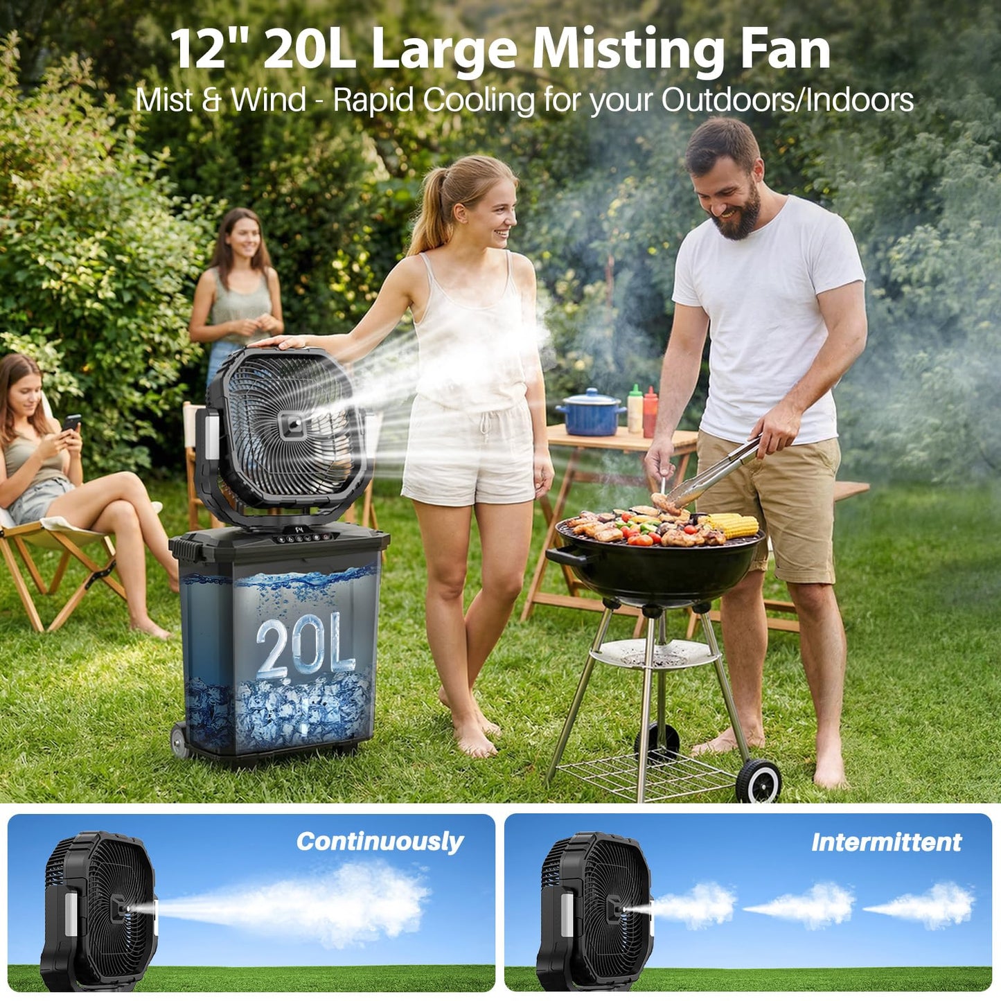 Ausic Outdoor Misting Fan for Outside, 5 Gal 12" Pro Portable Mister Fan with Water Box, 30000mAh Rechargeable Cooling Fan with Adapter, LED Light