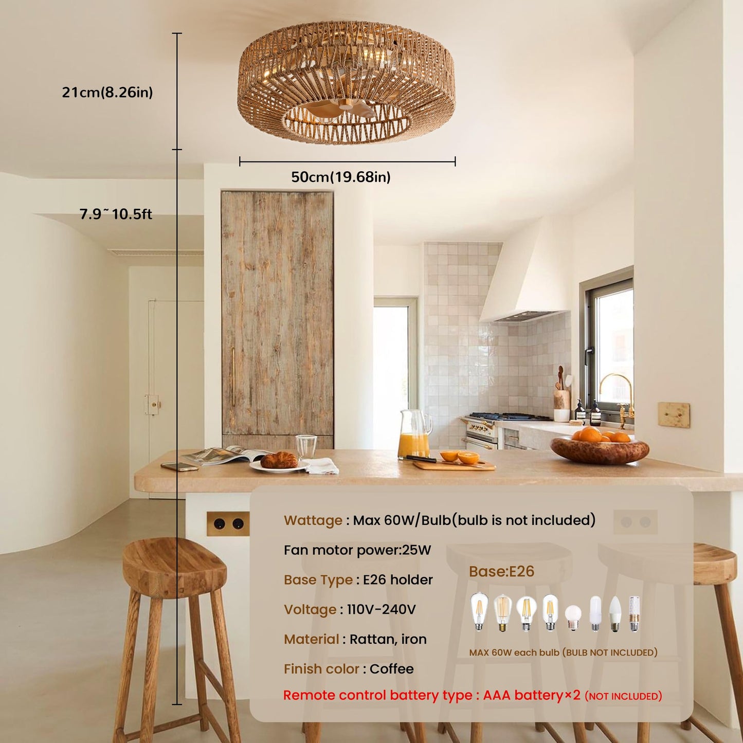 OPKMB 20" Boho Caged Fandelier with Lights Flush Mount Rattan Ceiling Fan with Lights and Remote Control, Enclosed 6 Speeds Low Profile Fan Light