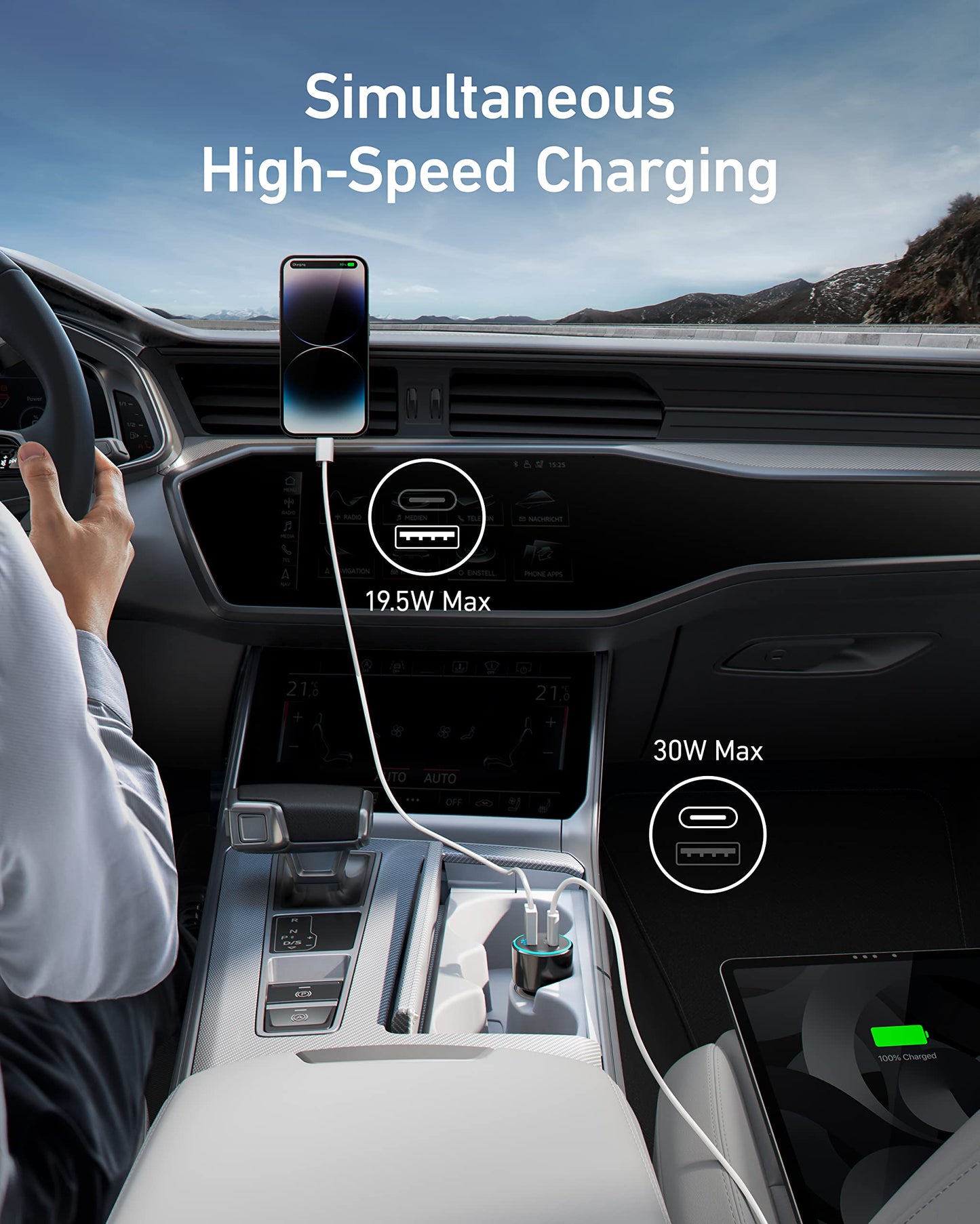 Anker USB C Car Charger, 49.5W PowerDrive Speed+ 2 Adapter, 30W PD Port for iPhone 15 14 13 12 11 Series, Compatible with S10/S9, MacBook Air, iPad