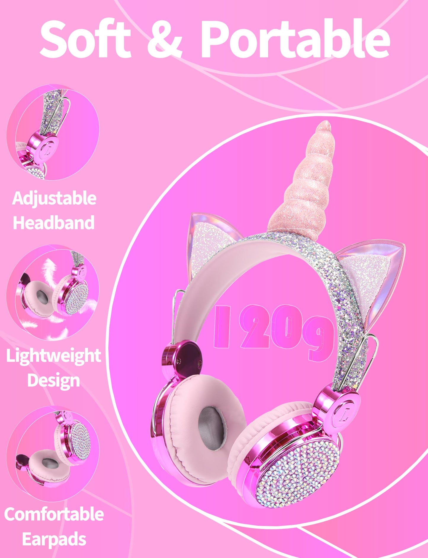 charlxee Kids Unicorns Headphones with Mic for School/Travel,95dB Volume Limited,Shareport,On/Over Ear Wired Headsets with Nylon Cable-Purple