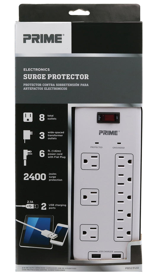 Prime Wire & Cable Prime Wire PB523120 8-Outlet Electronics Surge Protector with 14-3 SJT 6 Foot Cord, White