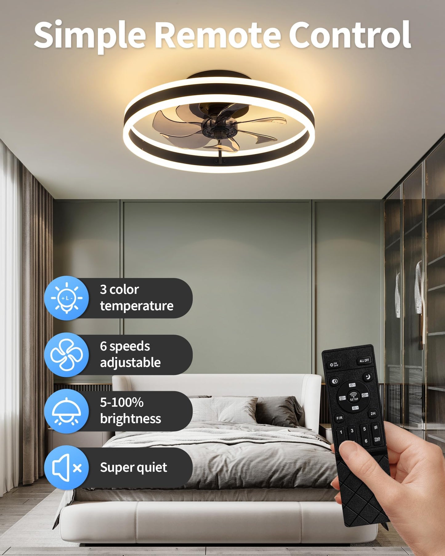 KDG 15.8" Black Low Profile Ceiling Fans with Light, Bedroom Fan Lighting