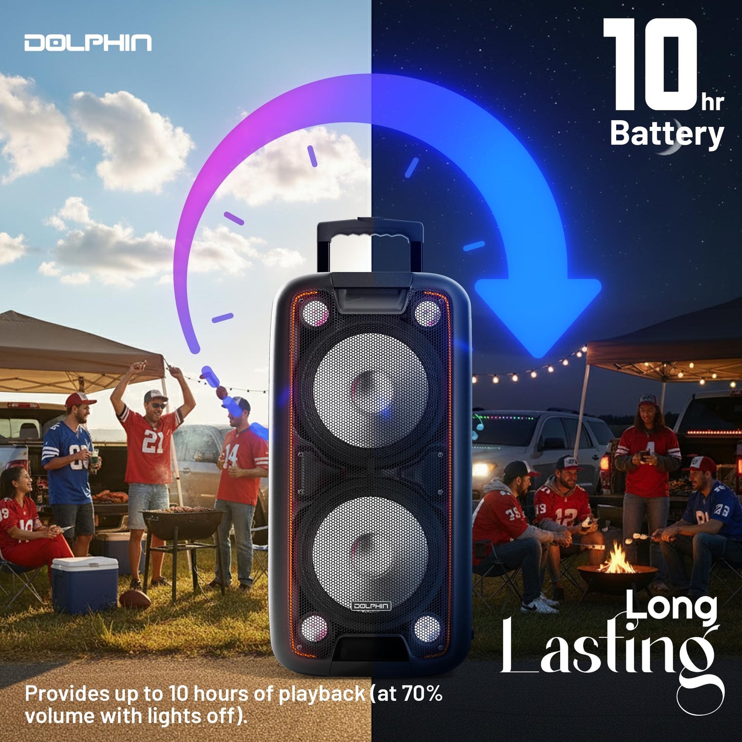 Dolphin Dual 10" Bluetooth Party Speaker - 1000W Big Speaker with 2 Wireless Microphones, Powerful Bass, Multicolor LED Lights, Tailgate Ready