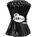 200 Pack Zip Wire Ties 12 Inch Cable Zip Ties Black Tie Wraps with 70 Pounds Tensile Strength, Self-Locking Cable Ties, UV Resistant Thick Nylon Wire