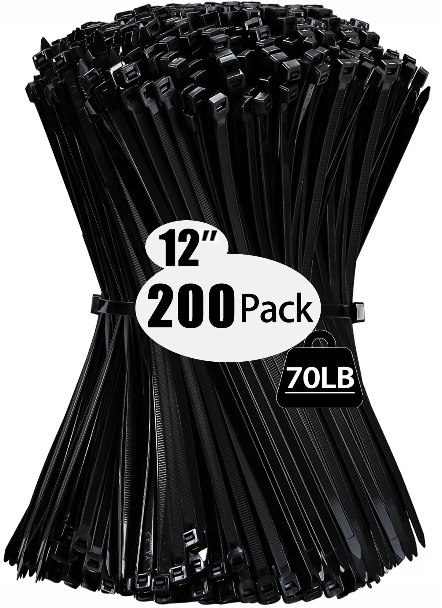200 Pack Zip Wire Ties 12 Inch Cable Zip Ties Black Tie Wraps with 70 Pounds Tensile Strength, Self-Locking Cable Ties, UV Resistant Thick Nylon Wire