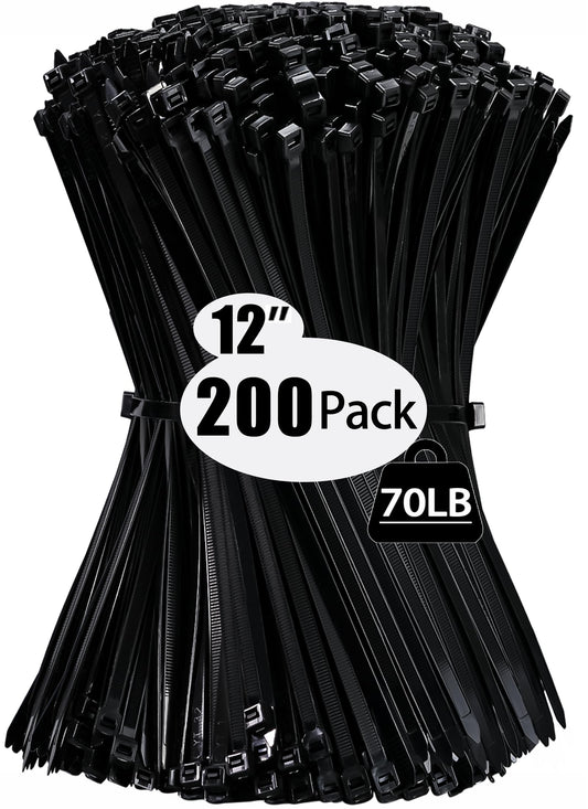 200 Pack Zip Wire Ties 12 Inch Cable Zip Ties Black Tie Wraps with 70 Pounds Tensile Strength, Self-Locking Cable Ties, UV Resistant Thick Nylon Wire