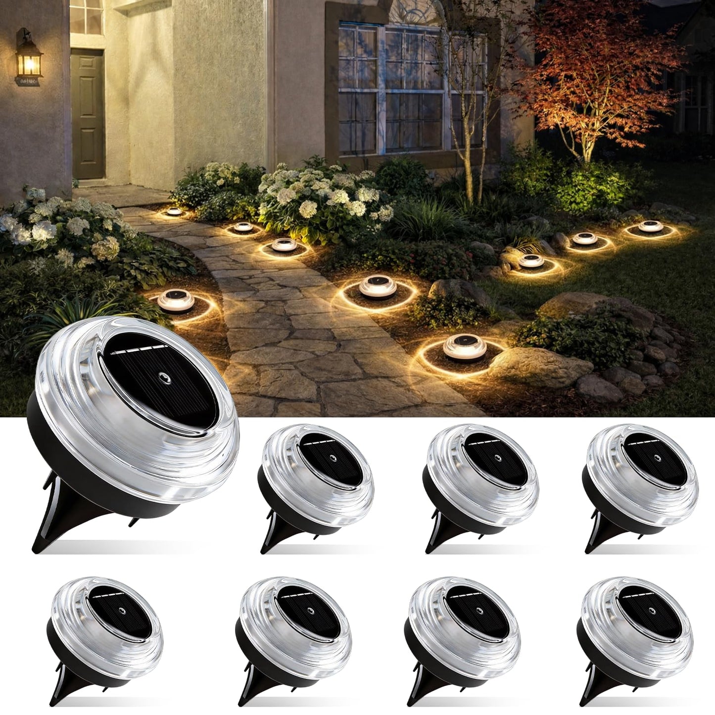 Solar Ground Lights 8 Pack Landscape Lighting 3000K Solar Lights Outdoor IP67 Waterproof Solar Garden Lights for House Patio Pathway Lawn Yard Deck