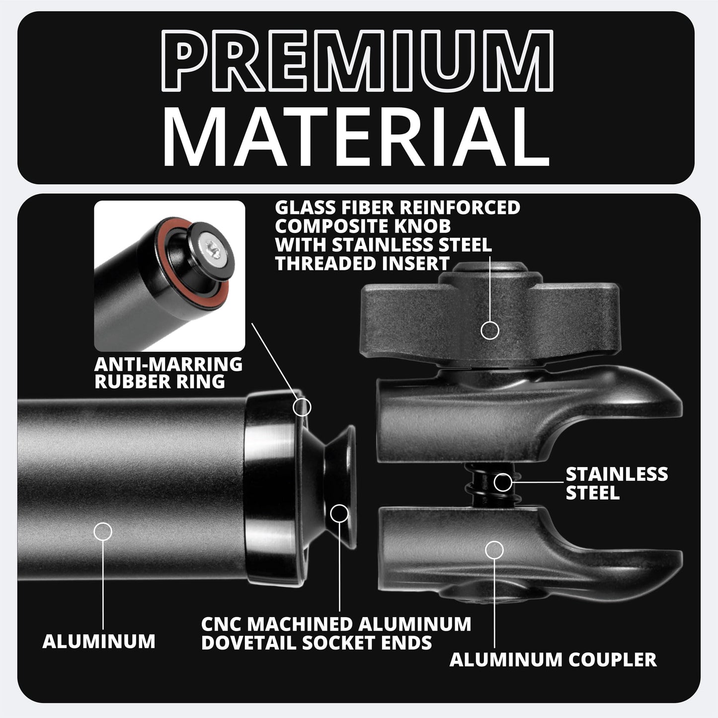 Tackform 7" Long 20mm Ball and Socket Arm DuraLock 20 Series Aluminum Tube Arm | Dual 20mm Sockets and Optional Anti-Theft Knobs | Black