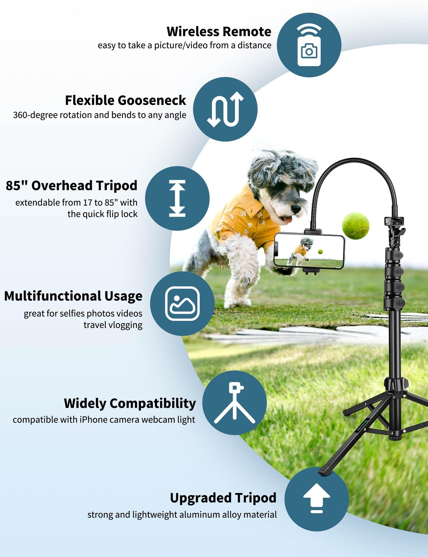 Nineigh Phone Tripod, 85" Tripod for Cell Phone iPhone with Gooseneck, Aluminum Tripods Stand for Video Recording Photo Vlog, Travel Cellphone Tripod