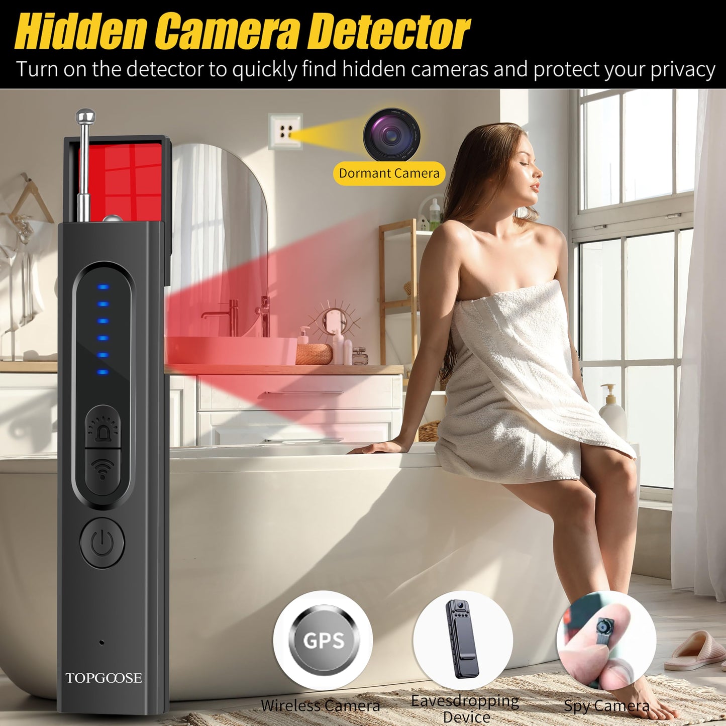 TOPGOOSE Hidden Camera Detectors, Camera Detector with 5 Levels Sensitivity 4 Modes, Portable Mini Design Spy Camera Detector for Hotel Bathroom