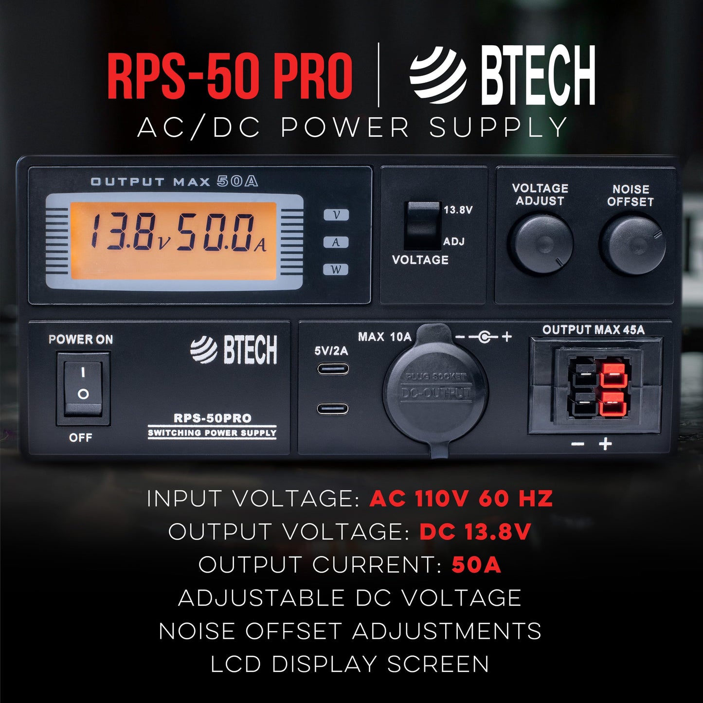 BTECH RPS-50PRO 50A (50 Amp) Regulated Power Supply, AC-to-DC Bench Convertor, Adjustable 9-15V (Fixed 13.8V Option), Anderson Powerpole Connectors…