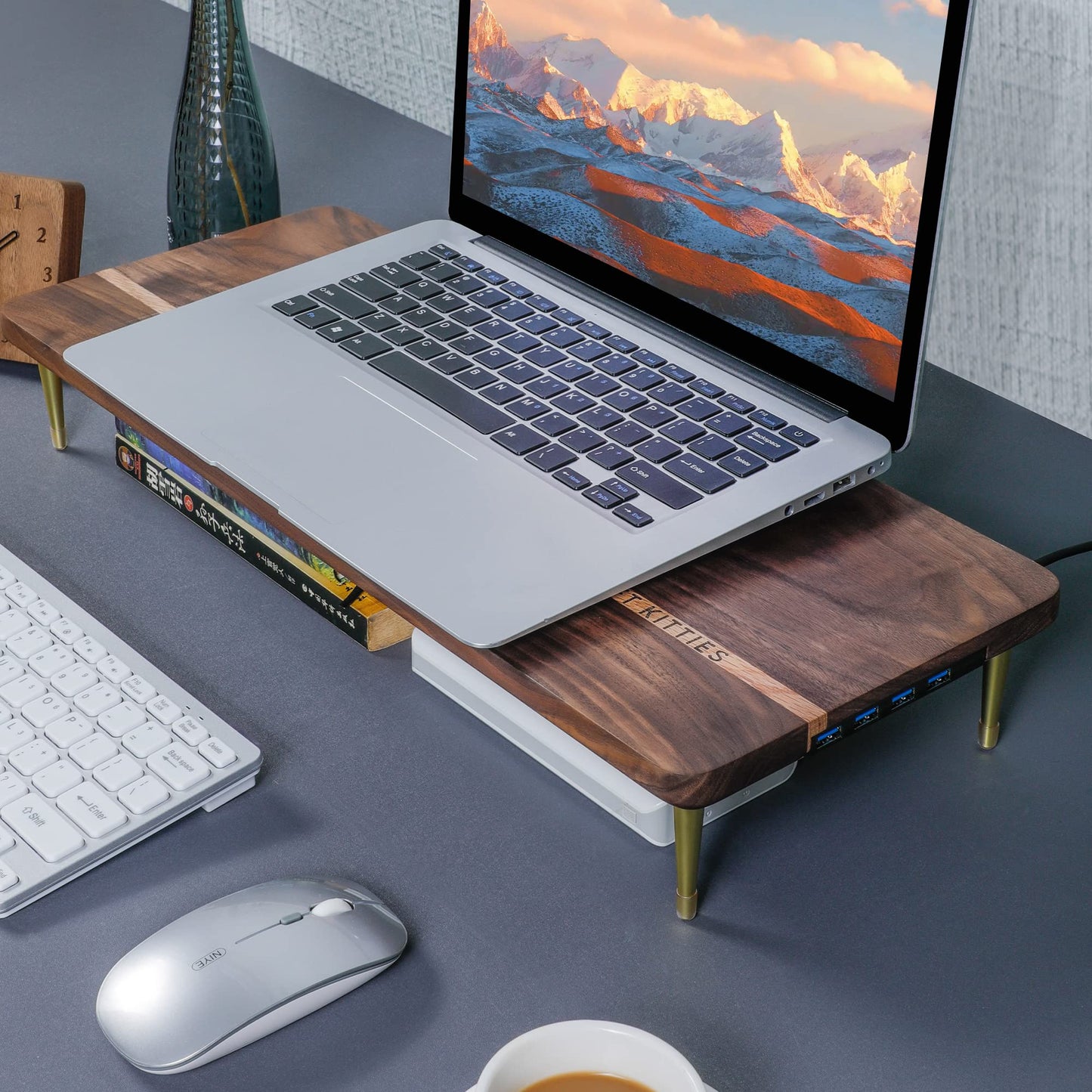 CRAFT KITTIES Monitor Stand Wood Riser with 4 USB Ports, Computer Monitor Stand with America Walnut Data Transfer Charging Hub -Compatible