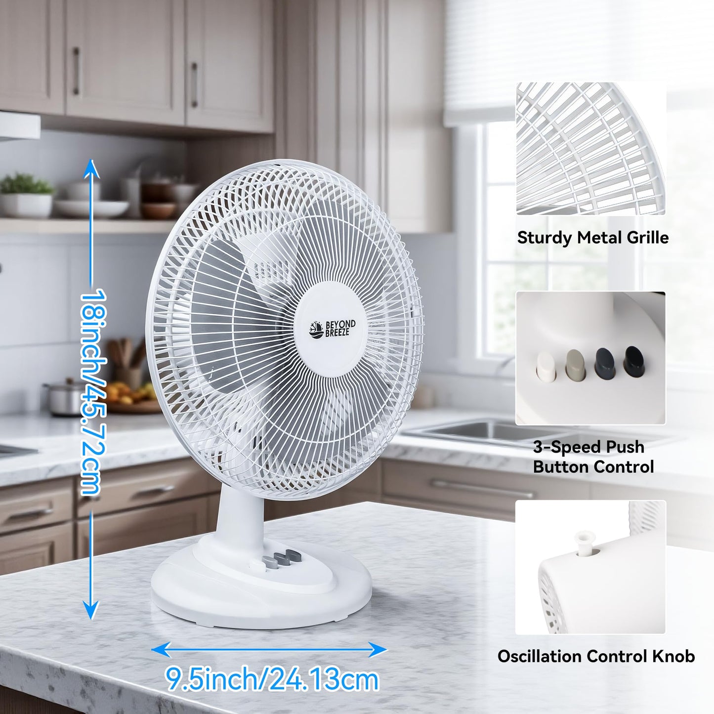 BEYOND BREEZE Oscillating Table Fan for Bedroom, 12-Inch & 3 Speeds, White