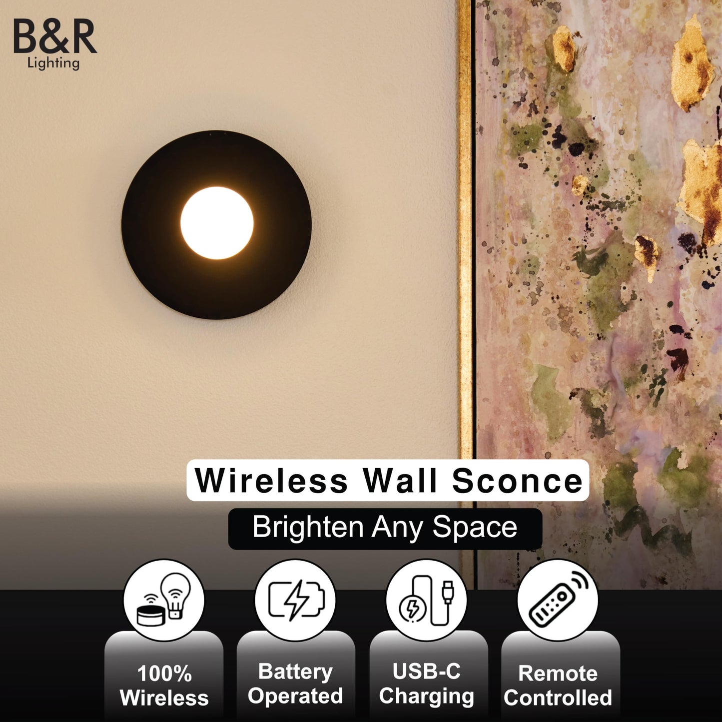 B&R Lighting Wireless Battery Operated Wall Sconce Light (2 Pack)- Magnetic and Rechargeable Wall Lights with Remote - 10,000 mAh Battery, Lighting
