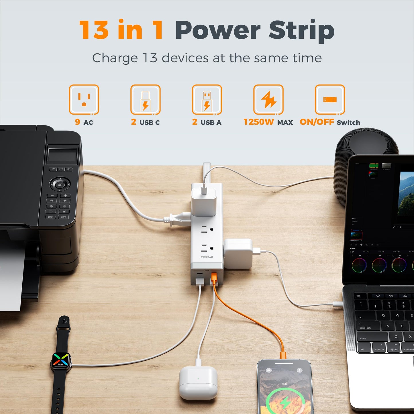 TESSAN Surge Protector Power Strip PD 20W, Ultra Thin Flat Plug 6 FT Extension Cord, 9 Outlets 4 USB(2 USB C), 1050J Protection Multiple Outlets