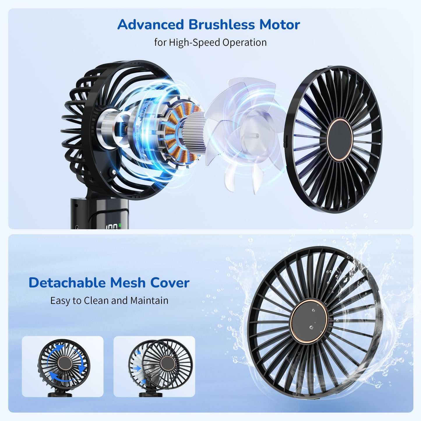 Portable Handheld Fan, USB Rechargeable Foldable Mini Personal Fan, 5200mAh, 180 Adjustable, 6 Speed Wind, 3 IN 1 Hand Cooling Desk Fan with LED