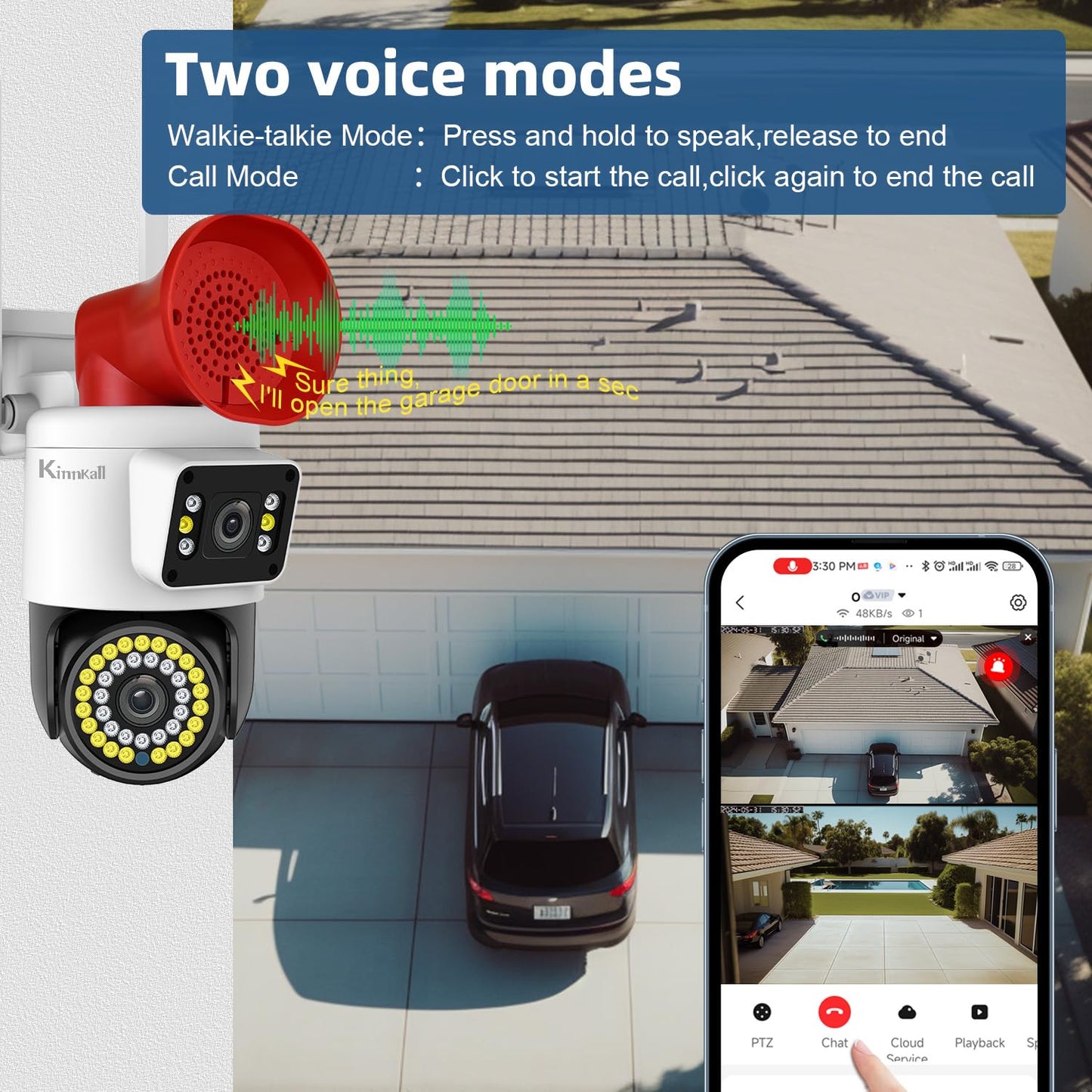 Kinnkall 4MP Dual Lens Outdoor Security Camera with Night Vision & Floodlight, 355° Pan/Tilt Motion Tracking, 2.4GHz WiFi, SD/Cloud Storage, IP66
