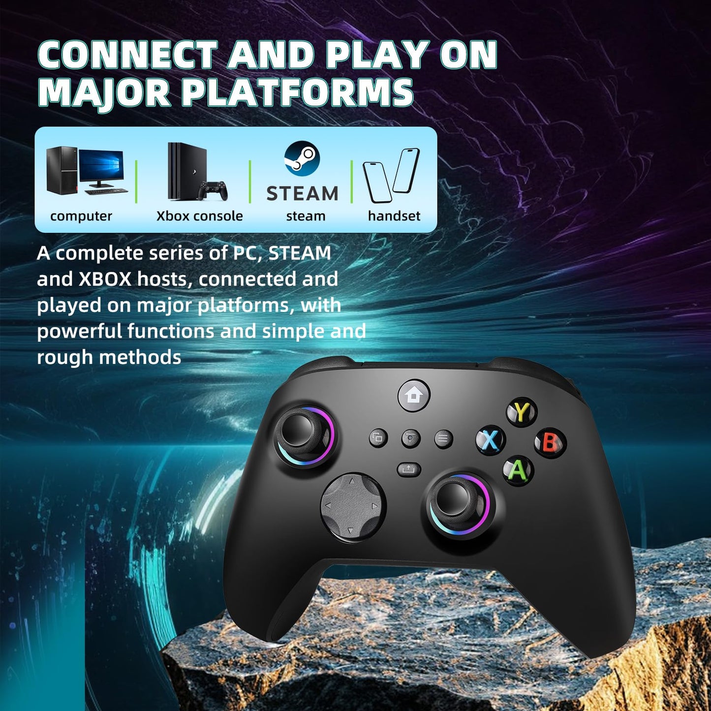 QEUVOON Wireless Controller with 8 Colors RGB Light for Xbox Controller,Xbox One Series X|S,PC Windows,Dual Vibration/Turbo/Programmable,Stable