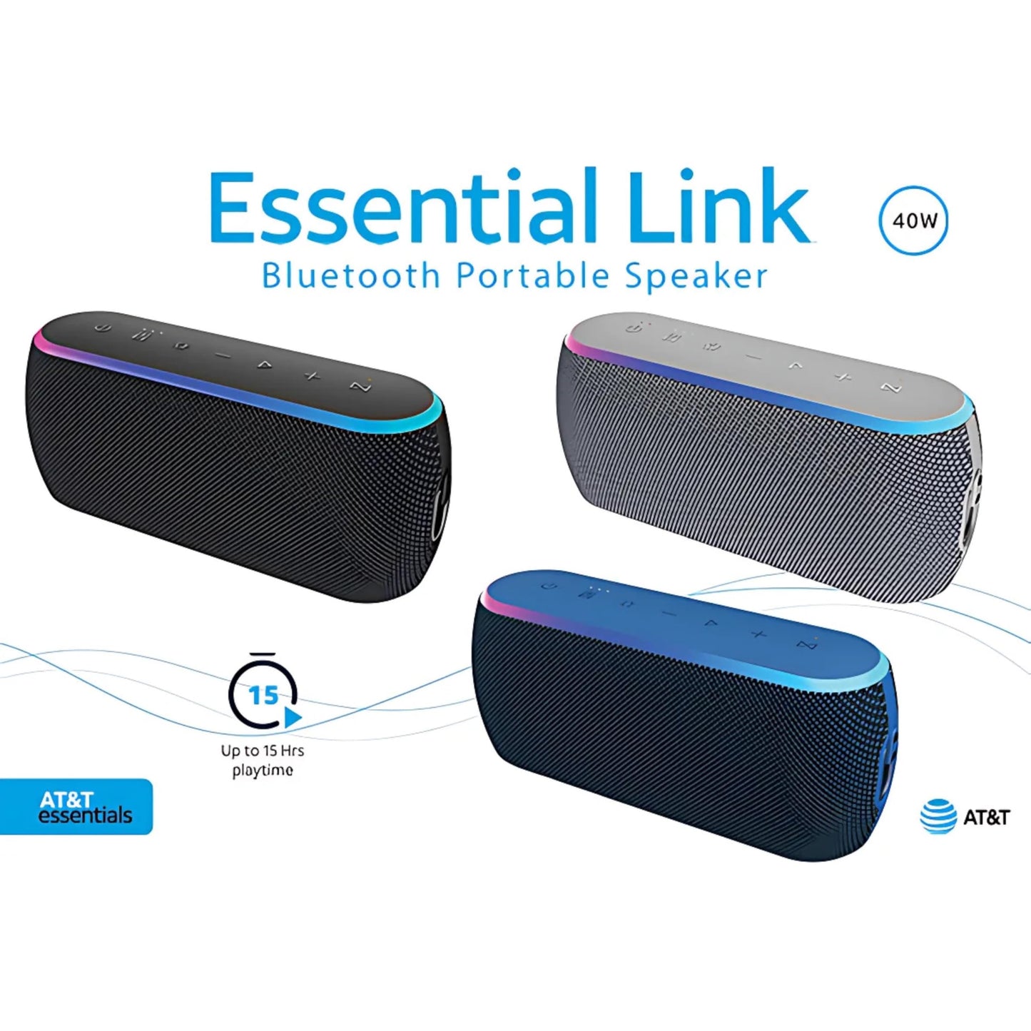 AT&T Essentials 40W Portable Bluetooth Speaker - IPX6 Waterproof, Wireless Dual Pairing, 15H Playtime, Removable Strap/Handle - Home/Kitchen/Outdoor