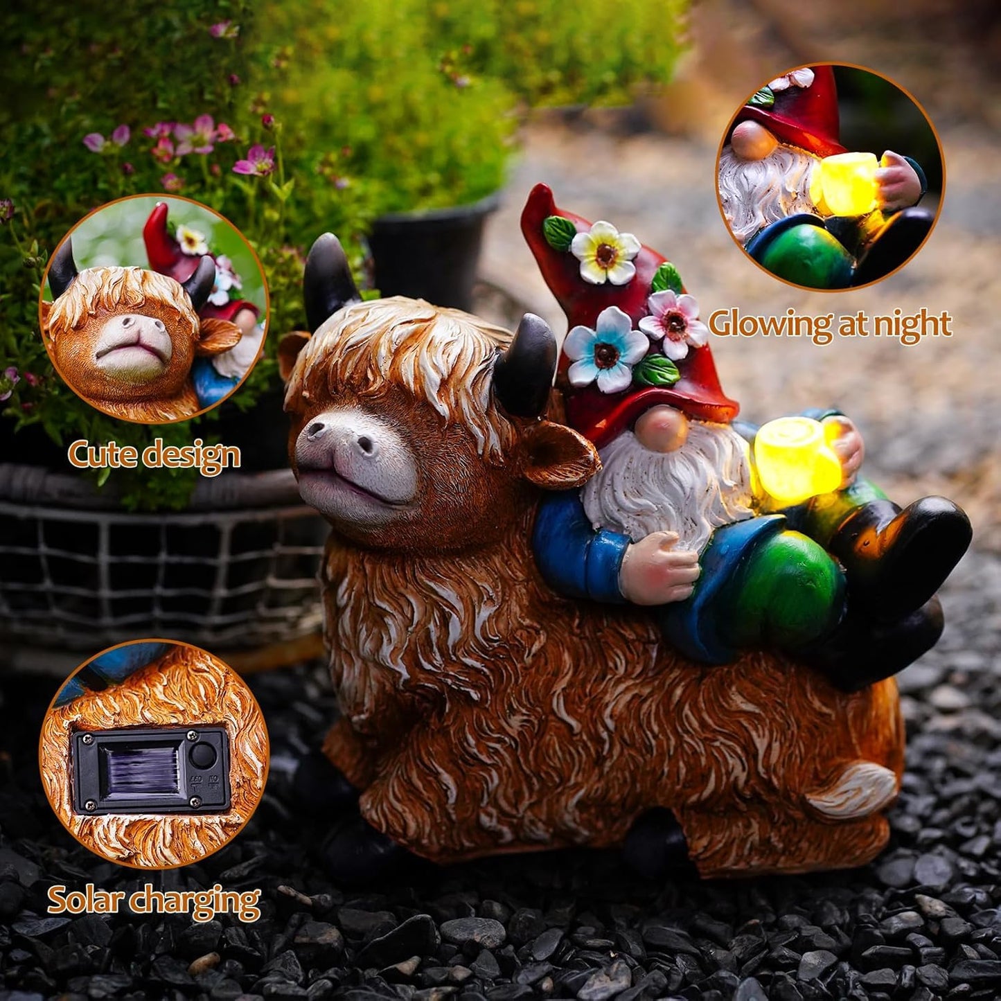 Pohabery Garden Gnomes Decor Outdoor Statues Gnome on Highland Cow Hold Solar Cup Light Outdoor Decorations for Patio,Yard and Gift for Mom?L
