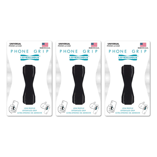 LOVEHANDLE Universal Phone Grip for Most Smartphones, Mini Tablets and Cases, Black Elastic Strap with Black Base, Pack of 3, LH-03