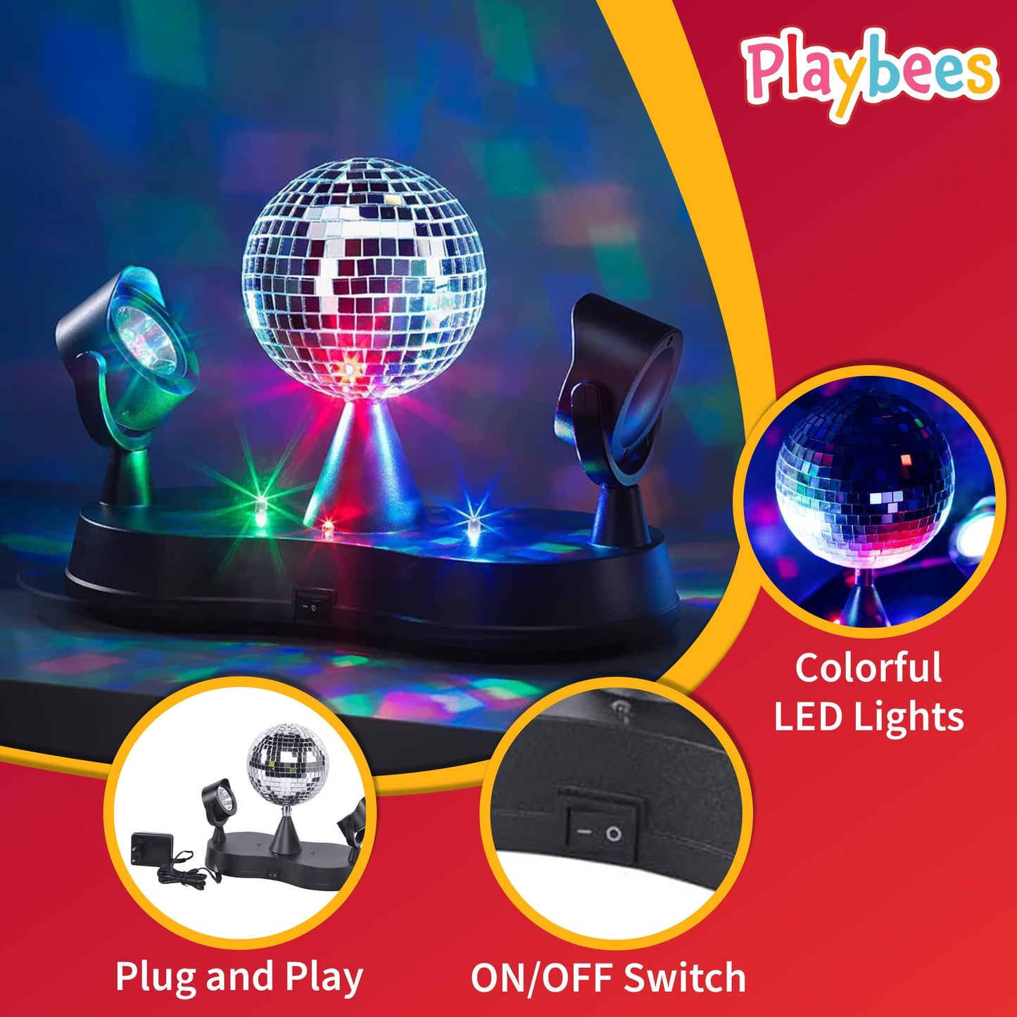 Playbees Rotating Disco Ball - LED Revolving Disco Ball with Movable Strobe Lights for Disco Party Decor, Mirror Lights Party, Mini Lava Lamp