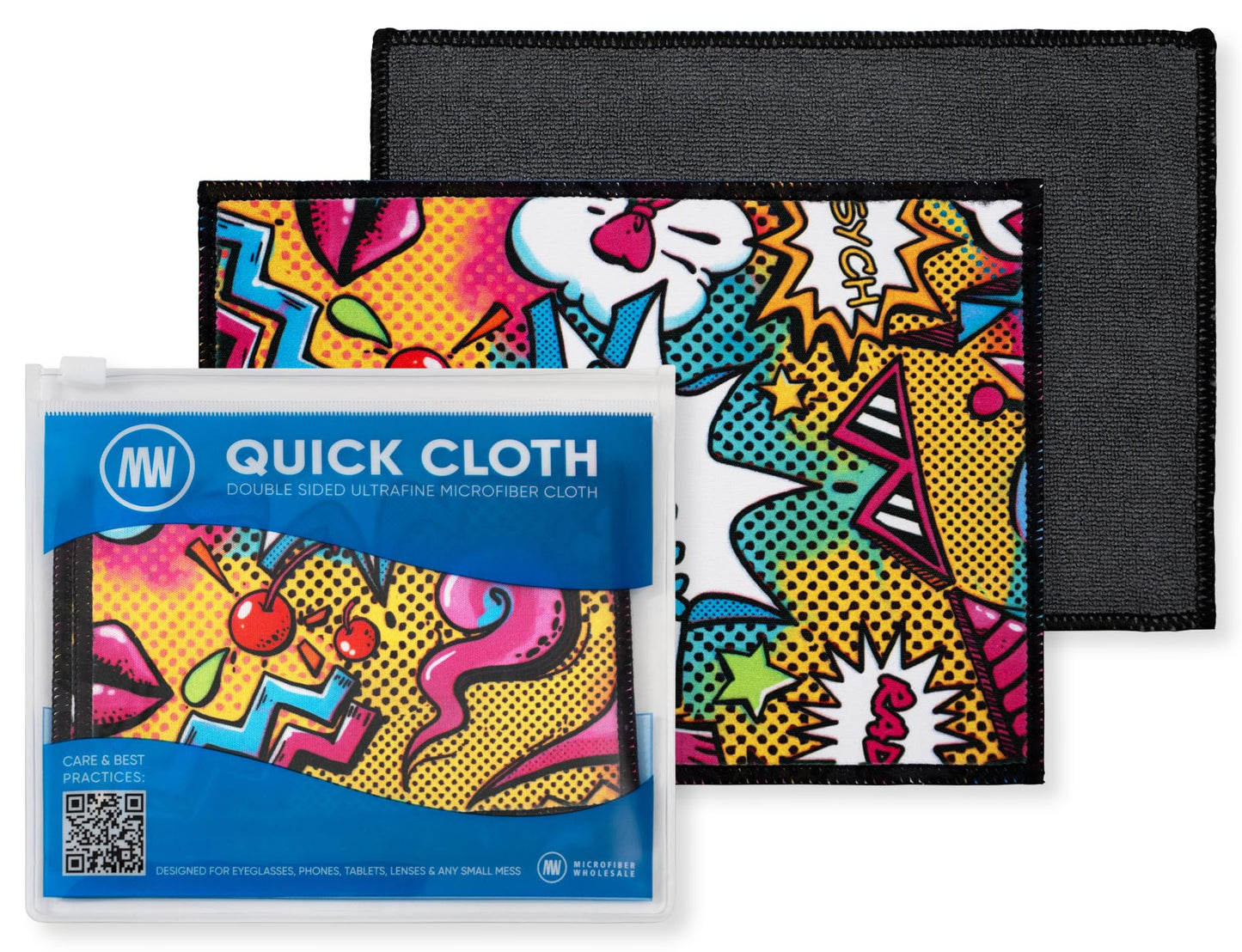 Quick Cloth Microfiber Glasses Cleaning Cloths - 5x7, Popart, 2 Pack with Case | Double-Sided Lens Cleaner for Eyeglasses, Camera, Screens & Glass |