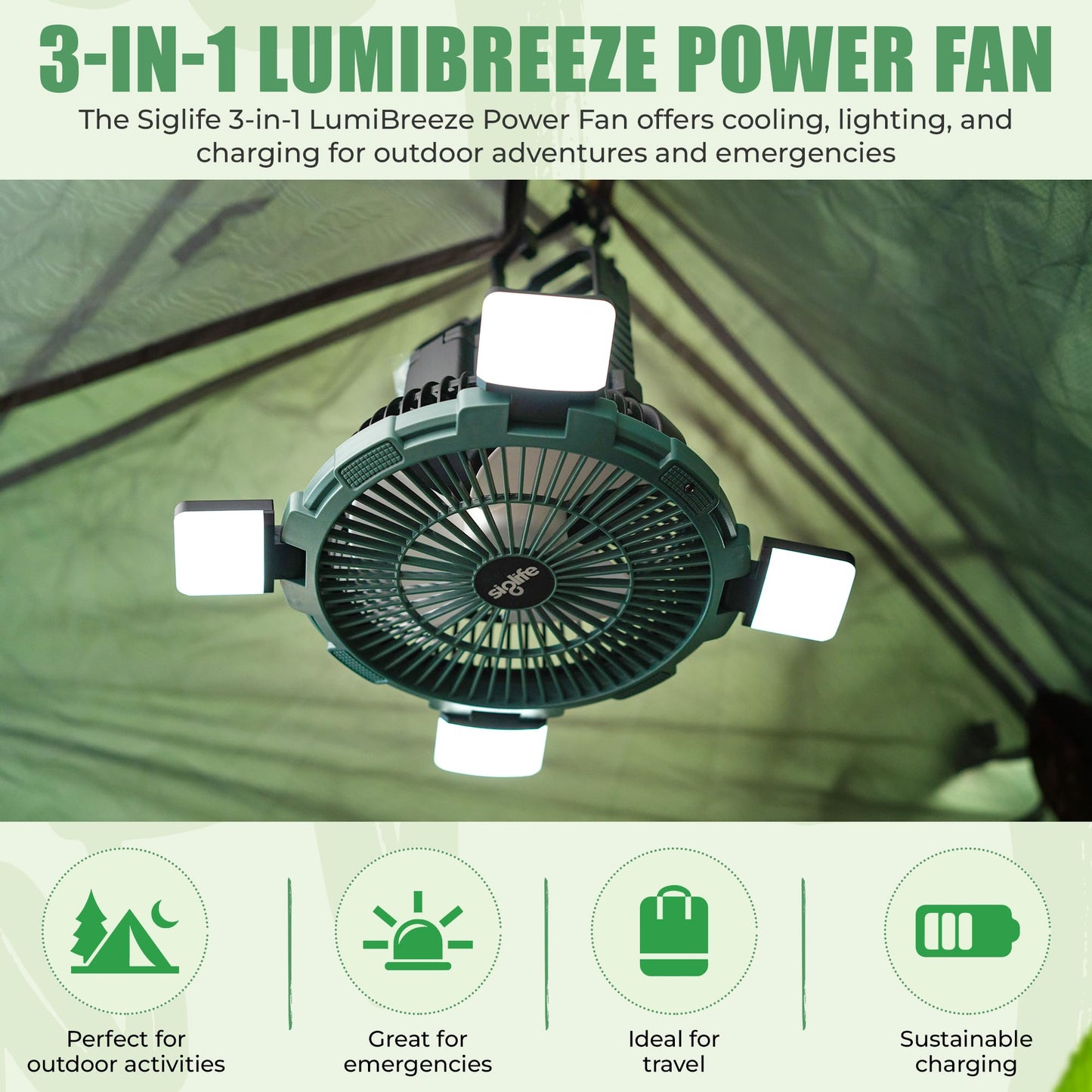Siglife Solar Camping Fan - Camping Fan Solar Powered with Light, Remote & Power Bank - Portable Solar Fans for Tents, Hiking, Power Outage,