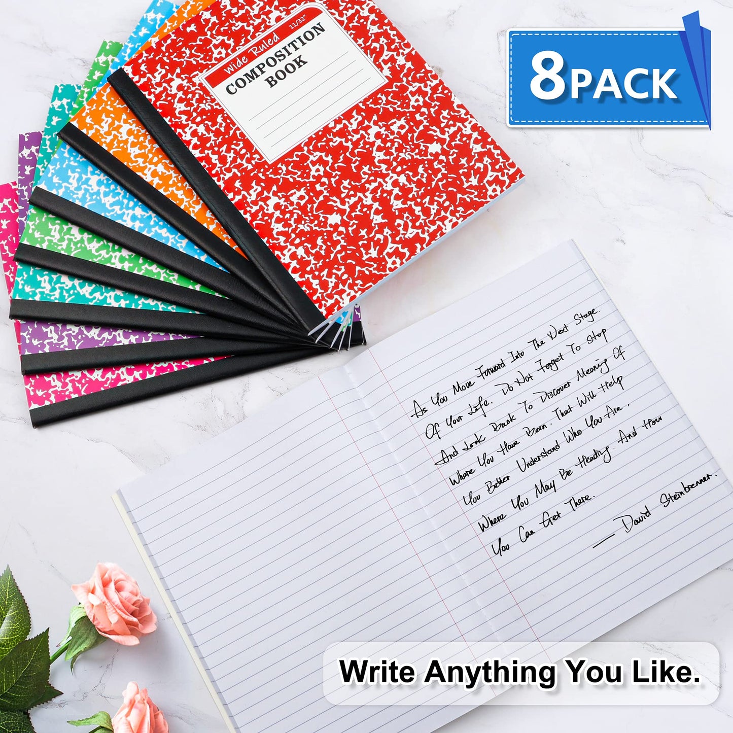 feela Composition Notebook, 8 Pack 8 Pastel Colors Wide Ruled Composition Books Bulk, Marble Cover Notepad Lined Cute Journal Notebooks for School