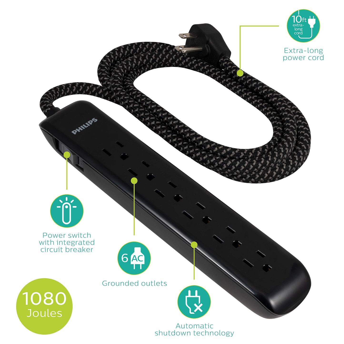 Philips 6 Outlet Surge Protector Power Strip, Designer Braided Power Cord, 10 Ft Power Cord, Flat Plug Extension Cord, Perfect for Office or Home