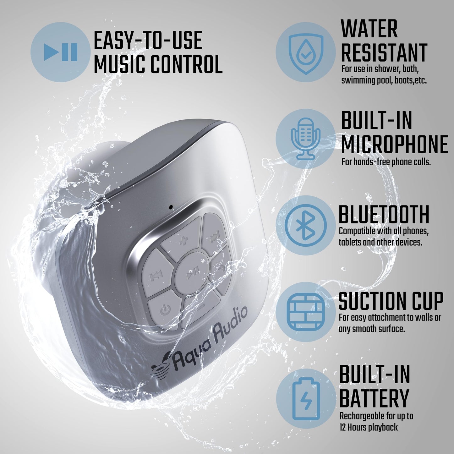 Shower Speaker Bluetooth Waterproof with Suction Cup - 10 Hours Playtime/Built-in Mic (Silver)