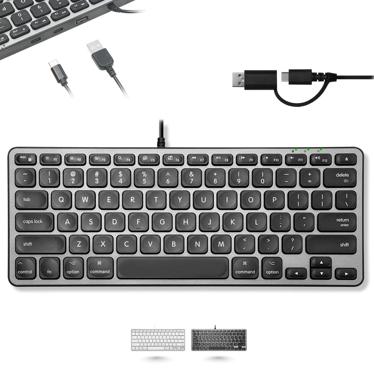 Macally Wired Keyboard for Mac with USB Hub (2X USBC / 1x USBA) - Compatible Small Apple Keyboard with 2 in 1 USB Plug - for MacBook Pro/Air, Mac
