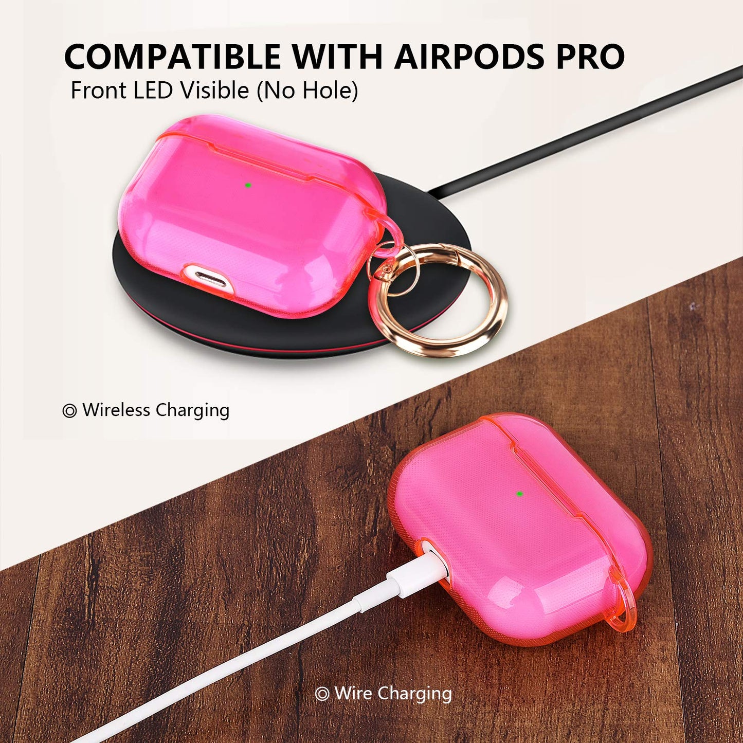 AIRSPO Clear Case for AirPods Pro Charging Case, Soft TPU, Crystal Clear, Wireless Charging Compatible, Neon Hot Pink