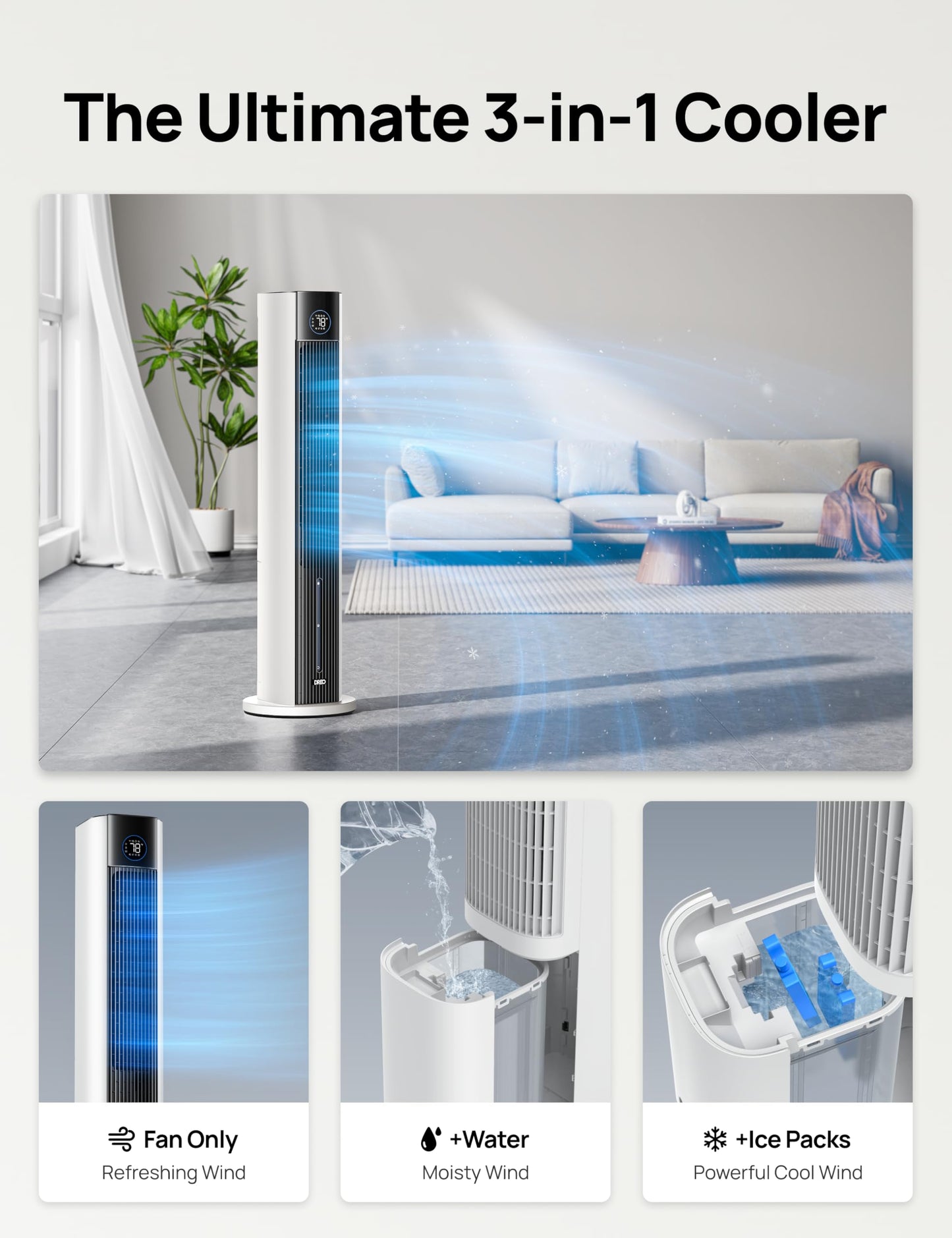 DREO Tower Fan for Bedroom, 43" Cooling Fans That Blow Cold Air 2025 Upgraded, Evaporative Air Cooler, Quiet 85° Oscillating Floor Fan, Easy Cleaning