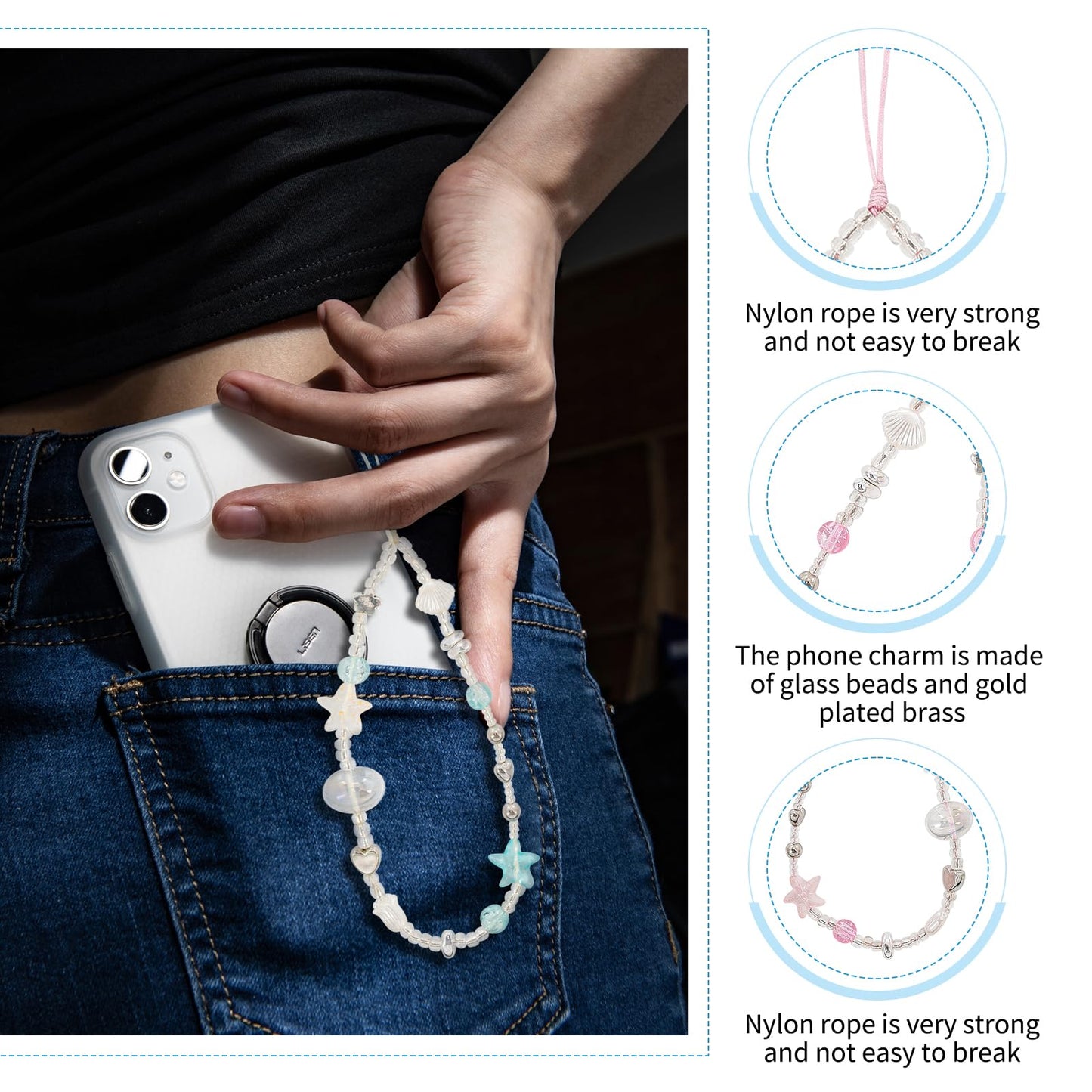 Xorim 2 PCS Camera Charm Strap, Beaded Camera Wrist Strap Cute, for Camera?Mobile Phones, Bags, Keychain Pendant Decoration (Blue, Pink)