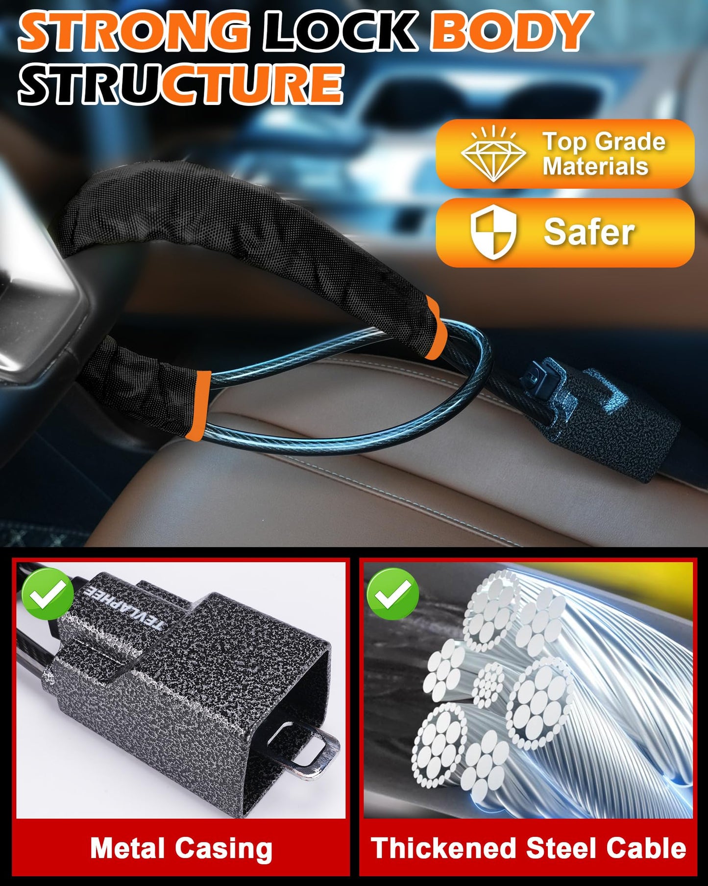 Tevlaphee Steering Wheel Lock Seat Belt Lock Universal Anti Theft Car Device Car Lock Car Theft Prevention with 3 Keys for Car Security Fit Most
