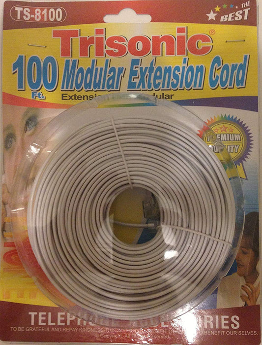 Trisonic Telephone Extension Cord Phone Cable Foot, White, 100Ft.