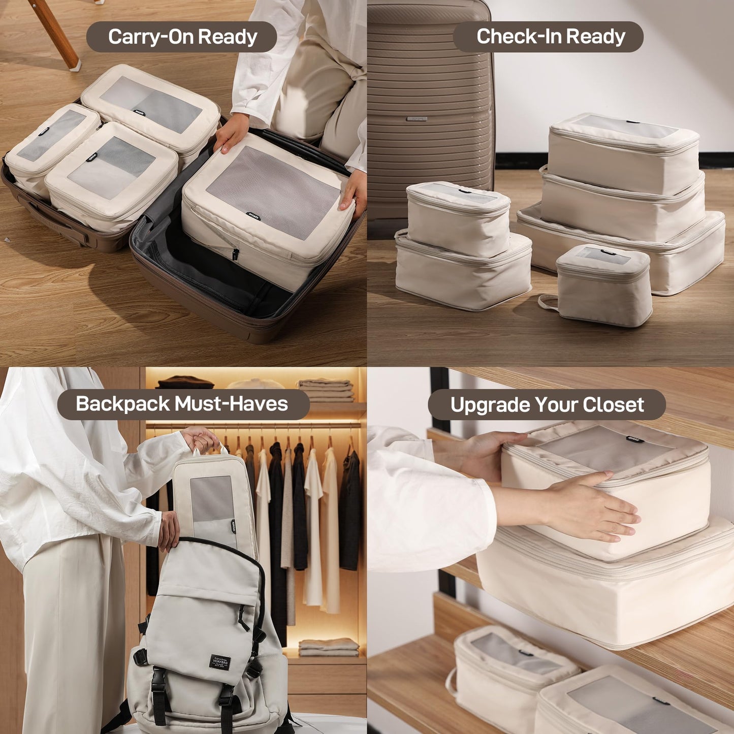 EPICKA TripCozy Compression Packing Cubes – 4 Set Expandable Travel Organizer Bags with Mesh Top for Suitcase, Carry-On & Backpack (Beige)