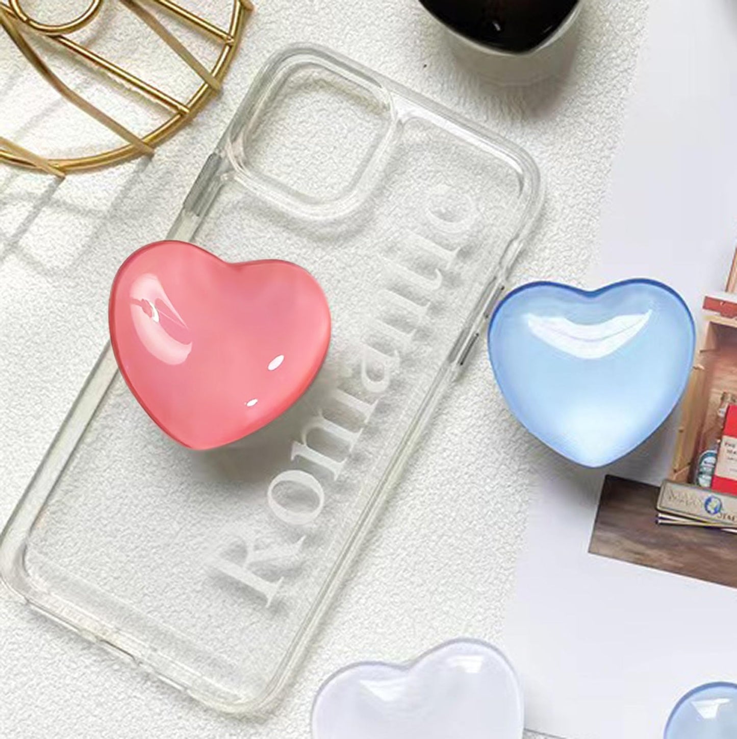 Cute Heart-Shaped Expanding Phone Grip - 3D Deep Pink Crystal Collapsible Phone Mount Holder Stand for Girls Women, Lovely Phone Charm