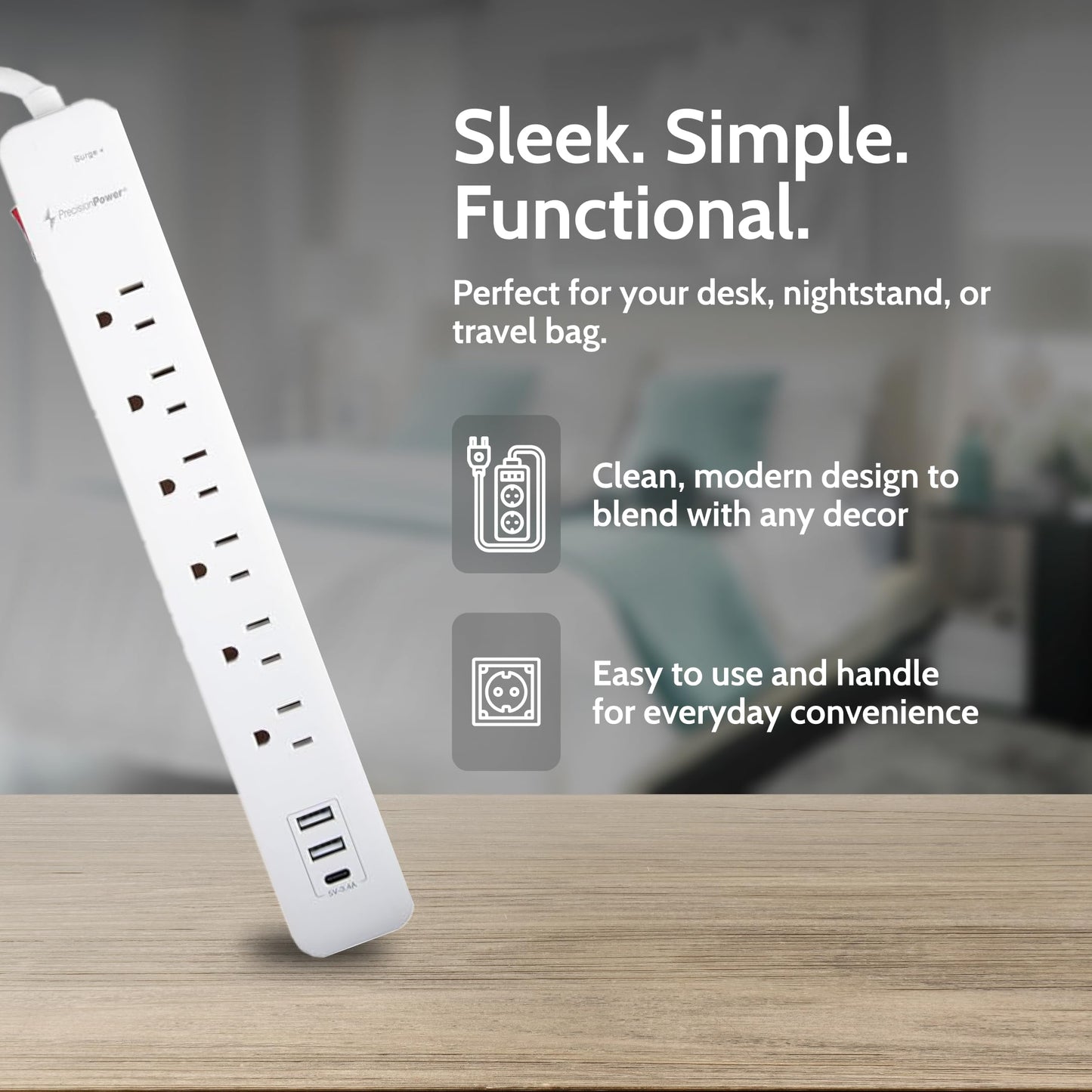 Precision Power Surge Protector Extension - Heavy Duty 6-Feet Cord with 6 Outlets, 3 USB Ports, Multi-Outlet Use w/LED Lights Indicator, Ideal