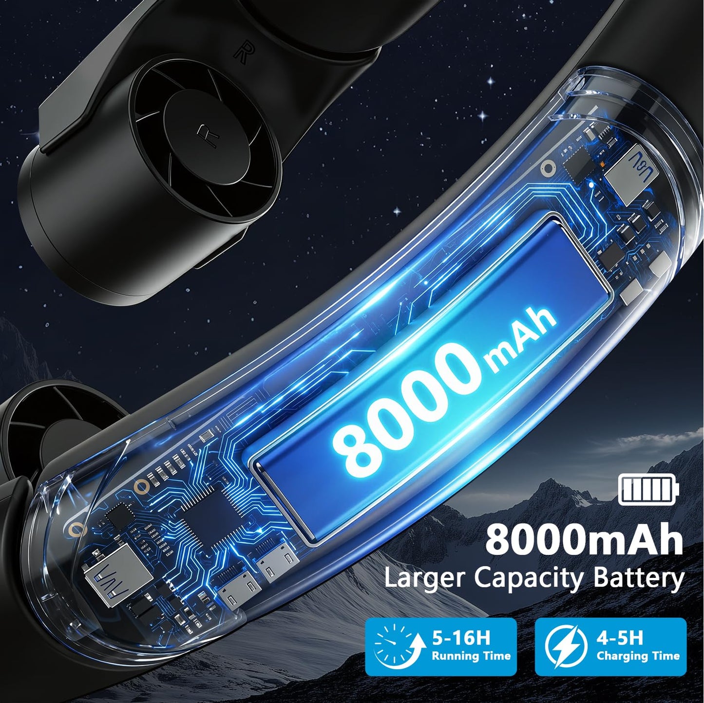Mavax ChillGo Portable Neck Fan - 8000mAh Personal Wearable Fan, 9000 RPM Direct-flow 4X Powerful 360° Airflow Cooling Fan, Max 16H, 4 Speeds, LED
