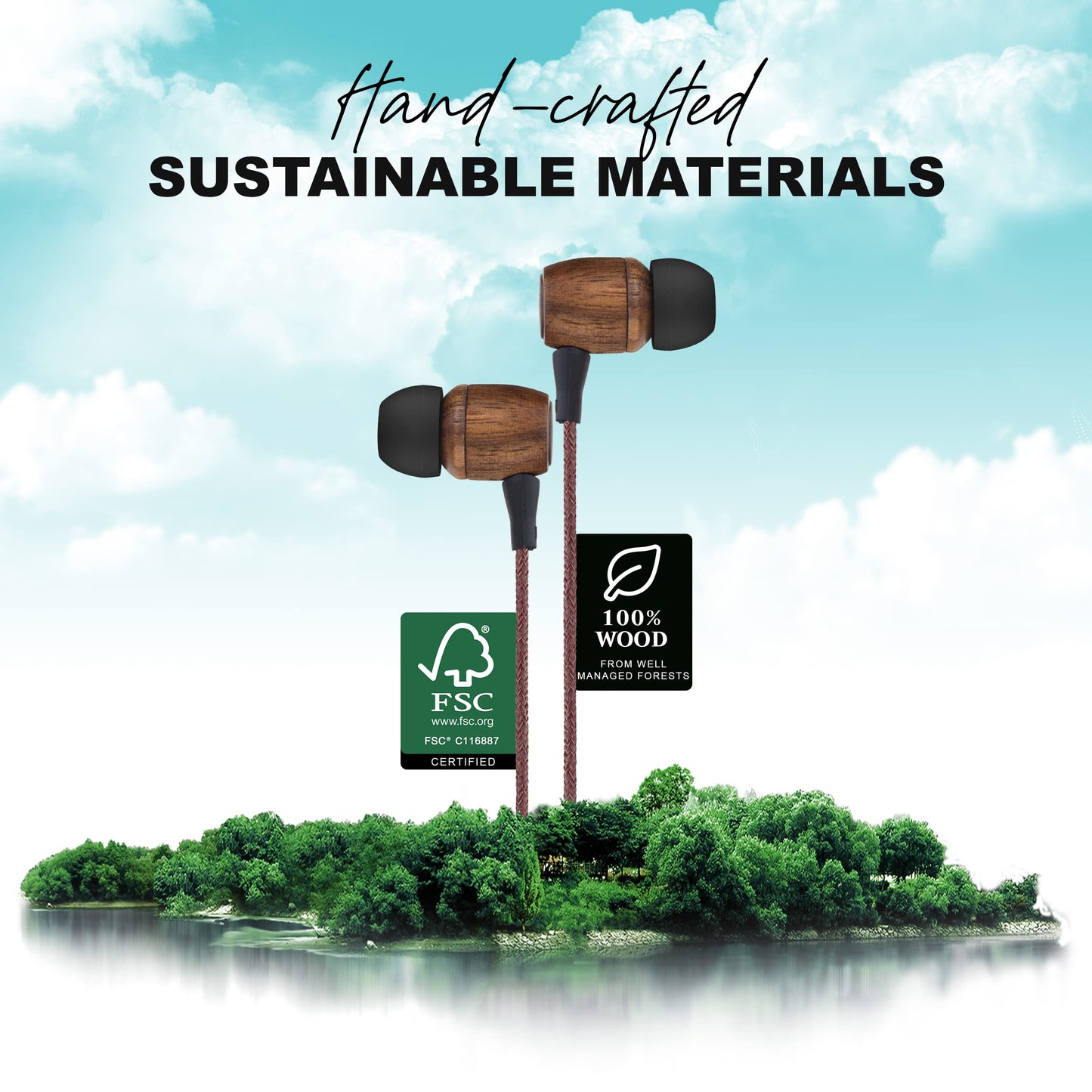 Earth-Budz - Genuine Wood Earbuds, in-Ear Noise-Isolating Headphones, with in-line Microphone. (Earth Diver)