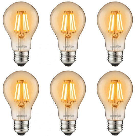 Sunlite 41613 LED Edison A19 Light Bulb, 6 Watts (40W Equivalent), 600 Lumens, Medium E26 Base, Dimmable, Clear Glass Filament, UL Listed, 2200K