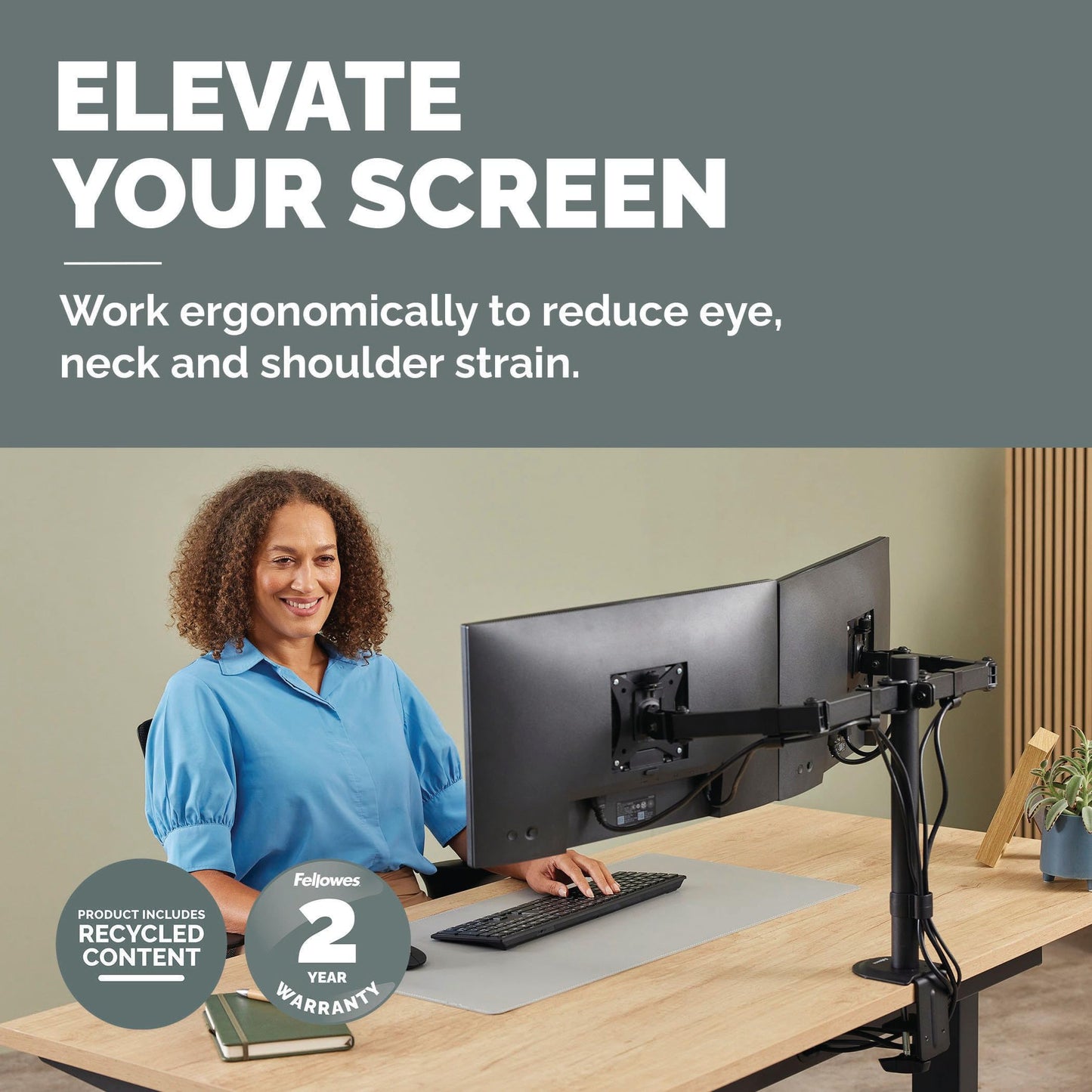 Fellowes Everyday Adjustable Dual Monitor Arm - Holds Two Screens up to 32" (inch) Weighing 19.84 lbs Each, Tilt, Swivel, Rotate, VESA 75/100, Clamp