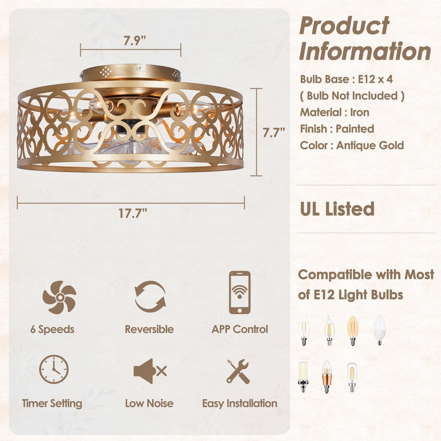 COZYLUME Cage Ceiling Fan Lights, Antique Gold Farmhouse Fan Light W17.7